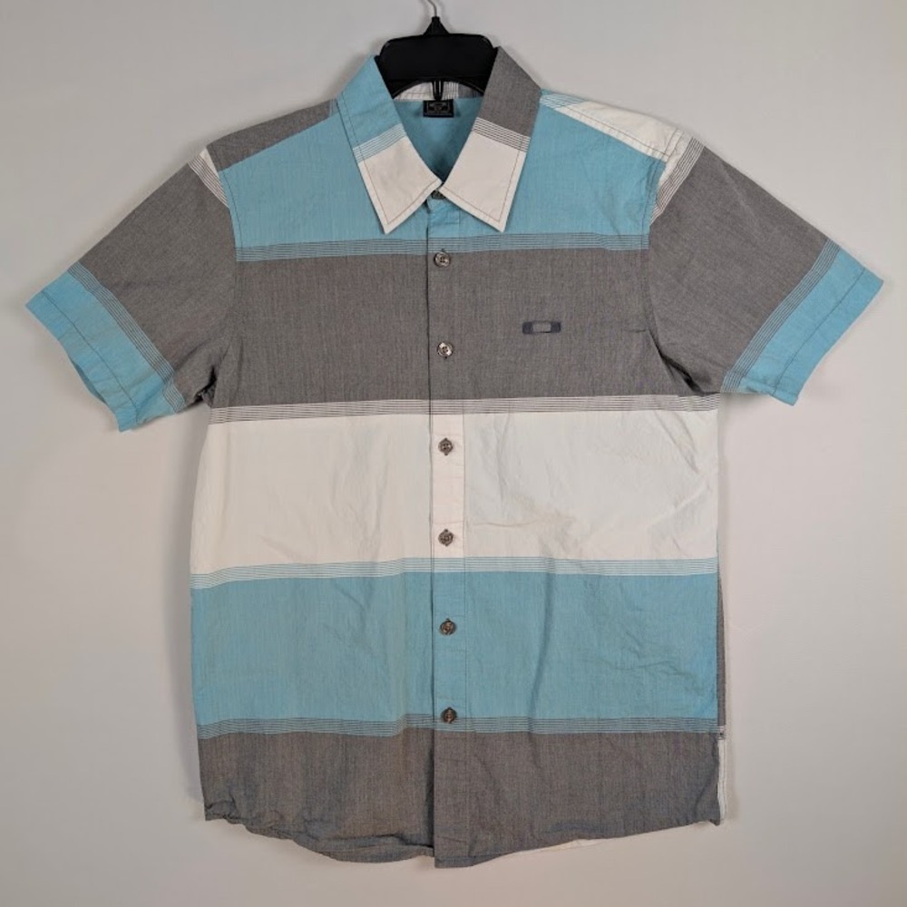 Oakley Button Down Shirt Mens S Aqua Blue Grey White Stripe Embroidered Logo EUC